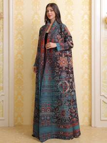 Middle Eastern Blue Printed Pleated Robe, Dubai-Style Elegant Plus-Size Coat, Arabian Women's Cardigan, Abaya, Kafta (Exclusive Design). - Multicolor - View 1