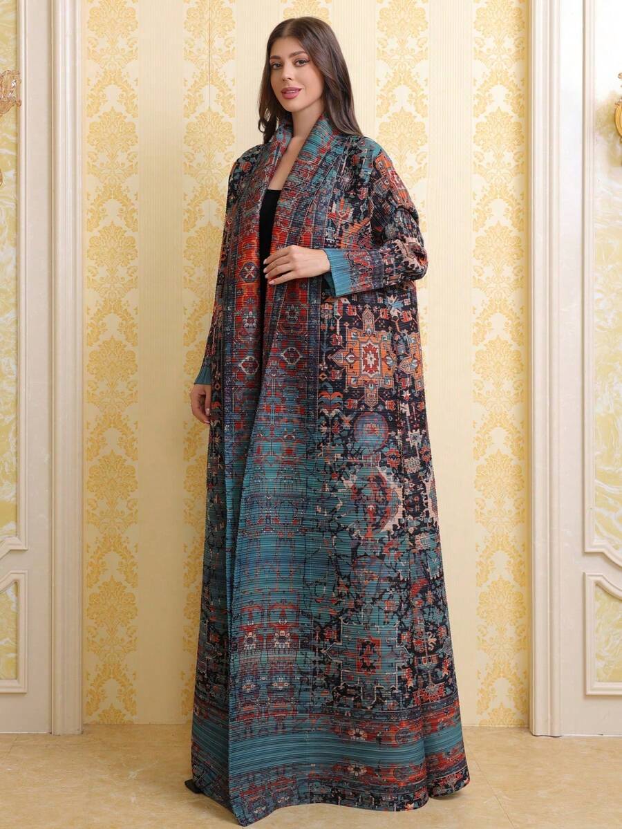 Middle Eastern Blue Printed Pleated Robe, Dubai-Style Elegant Plus-Size Coat, Arabian Women's Cardigan, Abaya, Kafta (Exclusive Design). - Multicolor - View 1