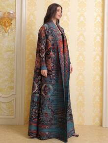 Middle Eastern Blue Printed Pleated Robe, Dubai-Style Elegant Plus-Size Coat, Arabian Women's Cardigan, Abaya, Kafta (Exclusive Design). - Multicolor - View 7