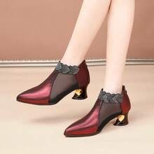 Fashion Rhinestone Lace Mesh Ankle Boots Women Pointed Toe Asymmetric Heel Back Zipper Breathable Chunky Heel Mom Fashion Ankle Boots - Burgundy - View 4