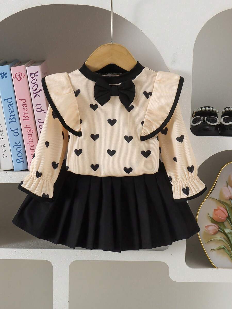 2pcs Baby Girl Cute Small Stand Collar Heart Print Ruffle Long Sleeve Top & Skirt Set, Thin Spring/Autumn - Apricot - View 1