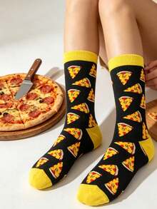 1 Pair Women Black & Yellow Contrast Pizza Food Print Funny Mid-Calf Socks, Soft Breathable All Season Style Suitable For Daily Home Party Casual Wear - Multicolor - View 2