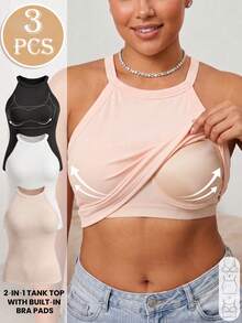 Plus Size 3pcs/Pack Ribbed Halter Tank Tops, Fall Built-In Bra Pads, Casual Commute & Layering Basic Vest - Multicolor - View 5