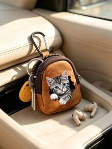 Cute Cat Print Mini PU Leather Earphone Storage Bag, Portable Zipper Coin Purse With Carabiner Clip, Keychain Pouch, Small Accessory Organizer - Multicolor - View 7