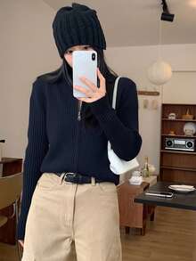 Women's Solid Color Zipper Front Long Sleeve Casual Knit Cardigan - Navy Blue - View 4