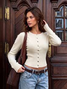 Women's Y2K Autumn/Winter Henley Button Short Fitted Long Sleeve Knit Cardigan - Apricot - View 4