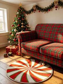 Round Burgundy Christmas Tufted Rug Checkered Border Snowman Gingerbread Gift Candy Cane Plush Rug - Red - View 3