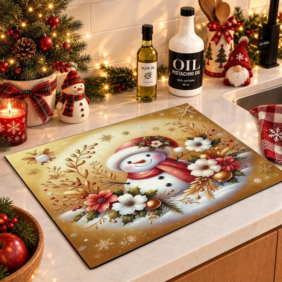 1pc Christmas Theme Snowman Print Pattern Dish Drying Mat, Kitchen Countertop Bowl & Plate Rubber Bottom Drying Pad, Party Decoration, Super Absorbent Stain Hiding Dish Drying Mat, Soft Diatomaceous Earth With Rubber Backing Multi-Functional Kitchen Home Mat, Suitable For Coffee Machine & Dish Rack Quick Dry Mat, Kitchen Countertop Coffee Mat & Bowl Drying Pad - LL LSD004 - View 1