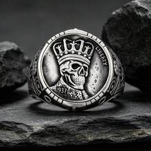 Vintage 1937 Skull Crown Engraved Men's Ring, Distressed Coin Pattern Wide Band, Personalized Hip-Hop Accessory, Halloween Gift - Multicolor - View 3