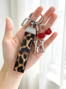 26 Alphabet Car Keychains, Silver Letter Zinc Alloy Accessories, Leopard Print Cherry Pendant, PU Rope Car Lock Key Fob, Car Remote Control Hanging Decoration, Bag Decoration Pendant, Car Key Ring, Key Chain Key Accessories. Holiday Gift, - Letter - View 24