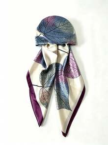 1pc Women Leaf Vein Print Satin Ready‑To‑Wear Hijab, Built‑In Inner Cap Elastic Headscarf, Modest Muslim Fashion Head Wrap For Daily & Prayer Wear - Purple Leaves - View 5