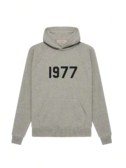 هودي Fear Of God Essentials SS22 1977 بلون الشوفان الداكن، سويتشيرت فضفاض من الصوف الناعم، بطبعة جرافيك مخملية 1977، ملابس شارع للجنسين، للخروجات اليومية