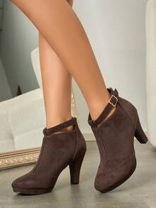 Women's Versatile Autumn/Winter Commute Elegant Suede Ankle Boots, Chunky High Heel Boots For Party And Date - Rust Brown - View 2