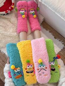 1 Pair Of Women 3D Monster Plush Socks,Ugly‑Cute Pom‑Pom Decor Fuzzy Socks, Non‑Slip Socks. Home Floor Sleep Socks Winter Thick Warm Funny Socks. - Multicolor - View 11