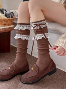 1 Pair Women's Double Layer Lace Trim Bow Mid-Calf Socks, Sweet Lolita JK Style Ribbed Knit Layered Lace Ruffle Socks, Cute Satin Ribbon Bow Decor Mid-Calf Socks, Soft Breathable Casual Socks, Vintage Slouch Socks, Suitable For Denim Boots, Riding Boots, Girls Daily Outfit, Cosplay Outfit - Multicolor - View 4