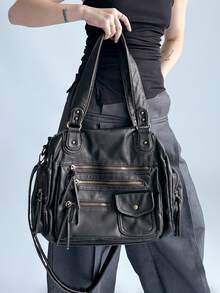 女款復古手提包 大容量復古單肩包 多口袋托特包 - 鏽棕色 - 查看 10