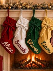 1pc Customized Velvet Christmas Stocking With Bow, Personalized Embroidered Sock, Suitable For Family Holiday Fireplace Decoration, Christmas Gift For Her - Multicolor - View 1