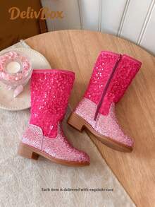 Rose Red Full Sequin Glitter Girls Mid-Calf Boots, Convenient Side Zipper Chunky Heel Princess Boots, Birthday Party Stage Performance Shoes - Rose Red - View 2