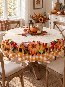 1pc Fall Pumpkin Sunflower Tablecloth, Polyester Rectangular Table Cover With Orange Gingham, Maple Leaf And Floral Border Print, Autumn Decor, Fall Home Decor, Interior Decor, Thanksgiving, Autumn Party, Interior Decoration, Kitchen Decor - Multicolor - View 20