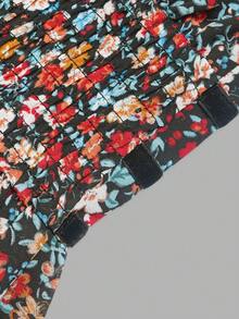 Women Fall Floral Midi Dress, V‑Neck Long Puff Sleeve Ruffle Cuff Smocked Back A‑Line Flowy Autumn Dress - Multicolor - View 6