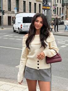 Korean Style Autumn/Winter Off-Shoulder Sweater Women Niche French Design Soft Knit Pullover Top - Apricot - View 1