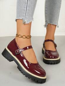Minimalist One-Strap Thick Sole Plus Size Women's Shoes, Autumn New British Style Leather Shoes For Skirts - Burgundy - View 4