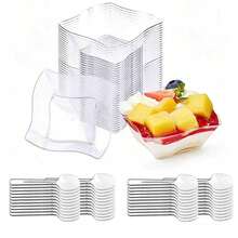 Wavy Square Snack Dish, Transparent And Fresh Texture, Comes With Matching Small Spoon, Suitable For Serving Fruits, Mousse Pudding, Cold Appetizers And Desserts, Perfect For Cold Buffet, Tea Break Party, Home Gathering Platter, Unique And Elegant Design, Easily Enhances Table Display Style, Creates Exquisite Food Presentation Effect - Transparent - View 1