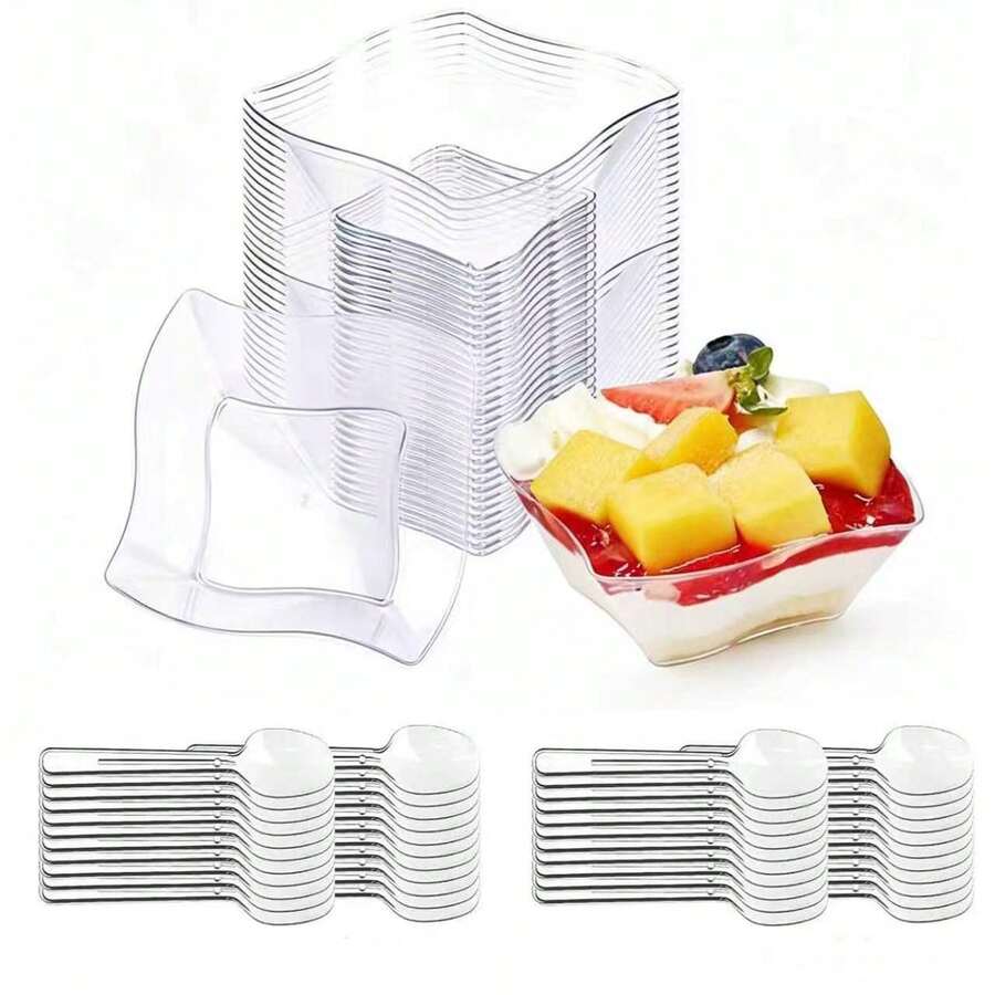 Wavy Square Snack Dish, Transparent And Fresh Texture, Comes With Matching Small Spoon, Suitable For Serving Fruits, Mousse Pudding, Cold Appetizers And Desserts, Perfect For Cold Buffet, Tea Break Party, Home Gathering Platter, Unique And Elegant Design, Easily Enhances Table Display Style, Creates Exquisite Food Presentation Effect - Transparent - View 1