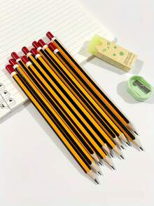 5/10/20/40 pièces Crayons de peuplier rayés jaunes premium pré-affûtés, écriture fluide et pointue, choix idéal pour le bureau et l'école, saison de la rentrée scolaire, petits cadeaux d'Halloween, papeterie d'Halloween, cadeaux de Noël, papeterie de Noël, accessoires de motivation idéaux, petits cadeaux - Rectangle - Voir 10