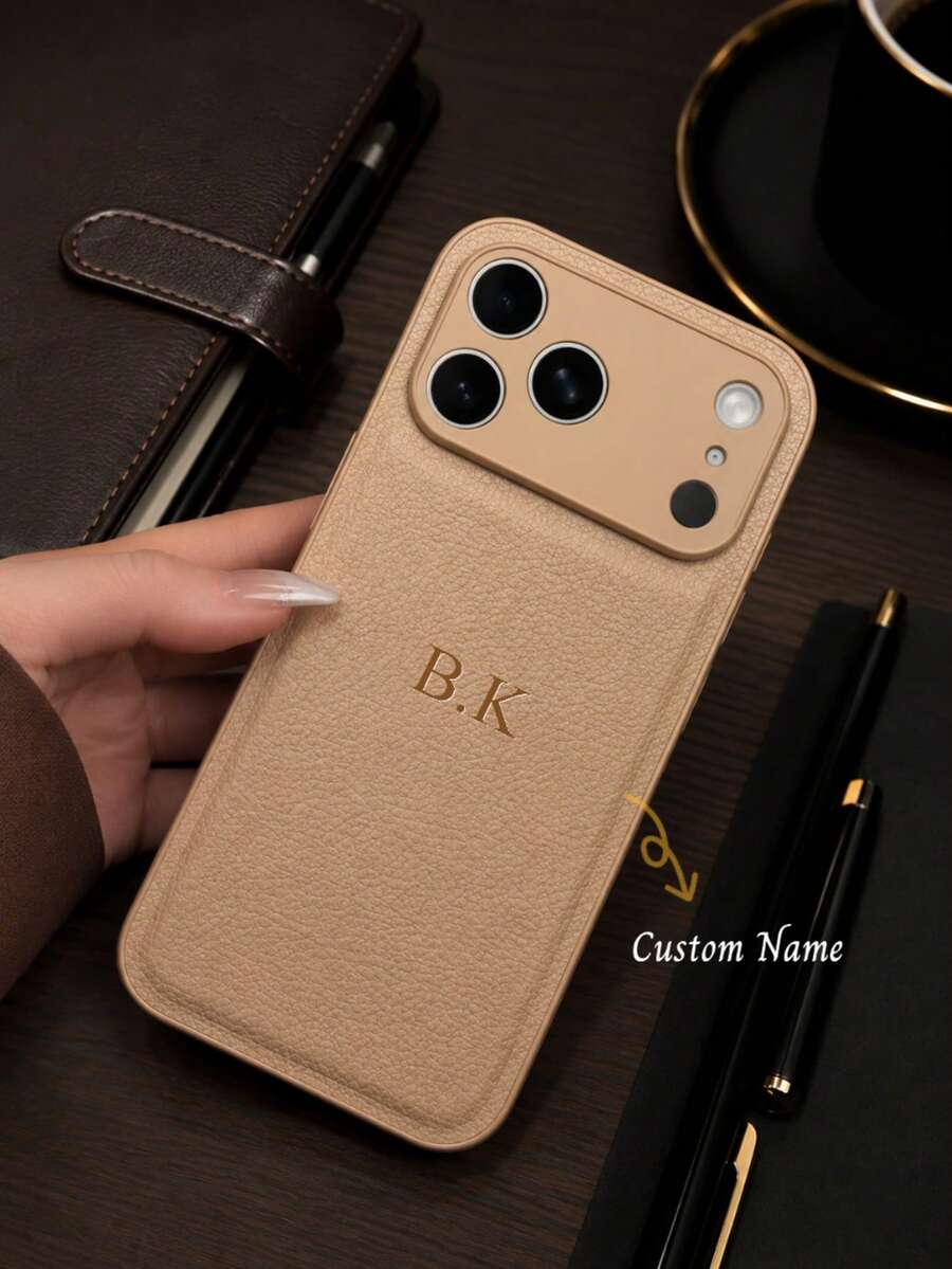 奢華客製化姓名人造PU皮革手機殼,適用於Apple 17 16 15 14 13 12 11 Pro Max 14 15 16 Plus 17 Air,燙金字母全包保護套,時尚手機殼DIY禮物,手機配件,字母姓名客製化,極簡防指紋防摔防震情侶軟手機殼,情人節禮物,生日禮物,節日禮物 - 卡其色 - 查看 1