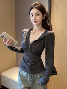 Atasan Lipit 2 in 1 Lengan Panjang Berenda untuk Wanita - Grey - View 1