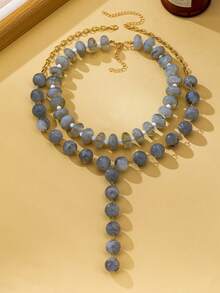 OABE 2pcs/Set Bohemian Style Grey Textured Ball Bead Necklace Including Y-Shaped Necklace And Choker Necklace, Suitable For Women's Daily Wear, Fashionable Autumn Outfit Accessory - Grey - View 7