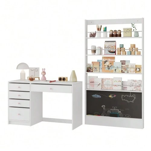 Desk + Bookshelf Set, Kids' Furniture, Office Furniture, 2-Piece Desk-Bookshelf Set, White Set - White - View 1