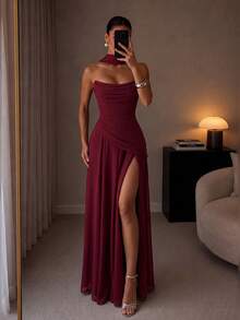 ADYCE Elegant Halter Tie Sweetheart Neckline High Waist Pleated High Slit Backless Floor Length Party Dress, Suitable For Prom, Birthday, Christmas, Wedding - Burgundy - View 1