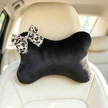 1pc Leopard Print Bow Headrest Car Neck Pillow Short Plush Headrest, Ergonomic Design, All Season Use, Women's Car Interior Accessory - A - View 3