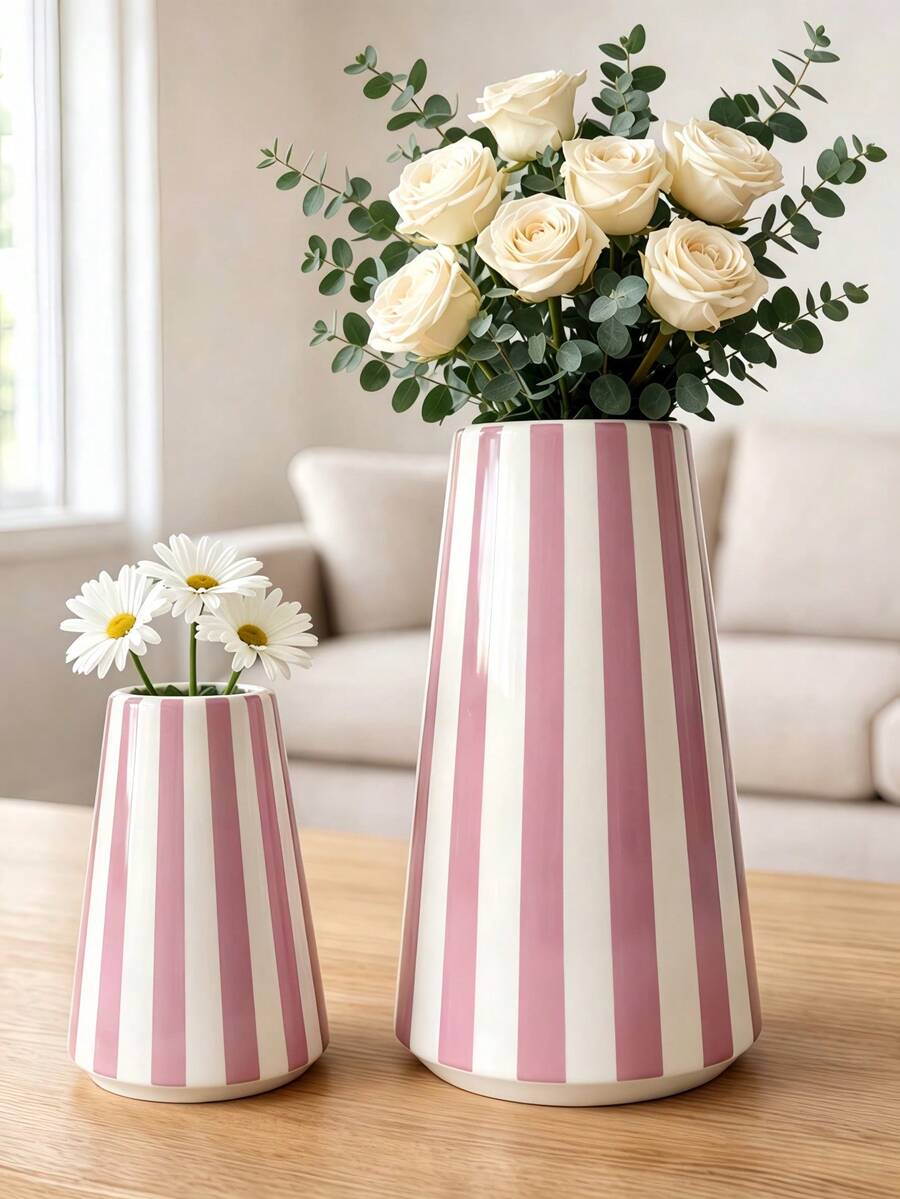 1pc Pink Striped Flower Pot, A Simple European-Style Cylindrical Vase, Is Suitable For Placement In The Living Room, Bedroom, Or On A Table For Home Decoration. - A - View 1