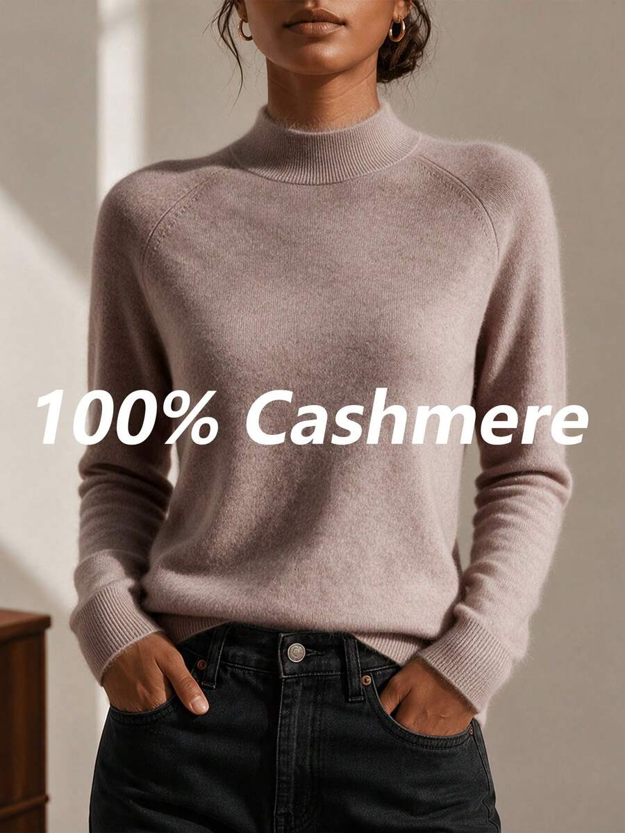 HEYMINI 100% Cashmere, Solid Color Minimalist Mock Neck Cashmere Sweater, Basic Long Sleeve Slimming KnitTop, Comfortable Autumn/Winter Outfit - Maroon - View 1