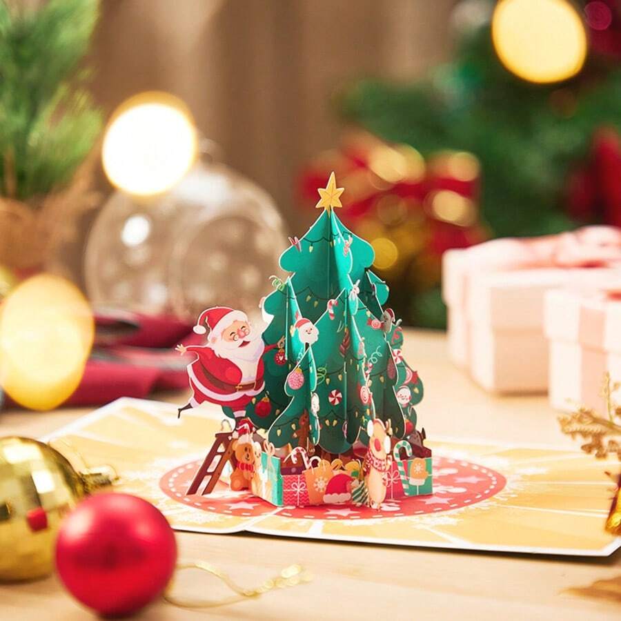 Christmas Tree Santa 3D Pop‑Up Greeting Card,Papercraft Holiday Card With Decorated Xmas Tree, Santa Claus, Reindeer & Gift Boxes, Festive Blessing Card, Table Decor,Thoughtful Keepsake Present For Family, Friends, Coworkers For Christmas Celebration - Christmas Cards - View 1