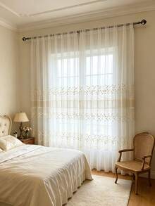 1pc European Luxury Curtain With Embroidered Leaf Design For Living Room, Balcony, And Bay Window - Gold - View 1