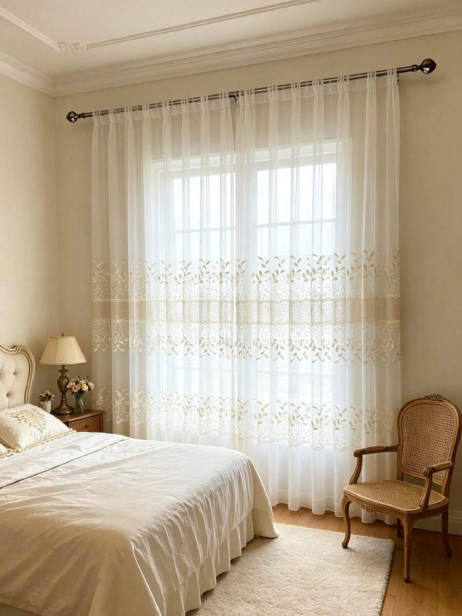 1pc European Luxury Curtain With Embroidered Leaf Design For Living Room, Balcony, And Bay Window - Gold - View 1