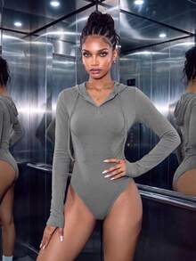 Women's Casual Ribknit Hooded Button Front Slim Fit Long Sleeve Bodysuit For Daily Wear Fall/Winter,Fall Winter Clothes,Winter Fall Outfit,Going Out - Grey - View 4