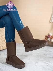 Women's Plus Size Snow Boots, Autumn/Winter New Solid Color Round Toe Thick Sole Warm Lining Slip-On Flat Mid-Calf Boots - Brown - View 2