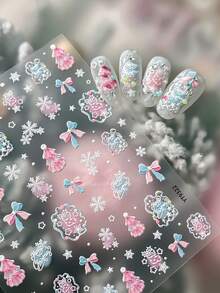 Sweet Girl Embossed Christmas Nail Stickers, Powder Blue Christmas Tree, Snowflake, Bow, Girly Style Nail Decals - Multicolor - View 6