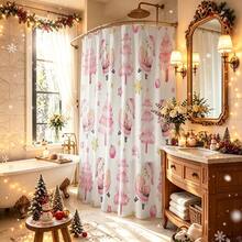 1pc Christmas Tree Print Shower Curtain, Abstract Vintage Polyester Fabric Shower Curtain With 12 Hooks, Suitable For Christmas Bathroom Or Bathtub Decor - Multicolor - View 2