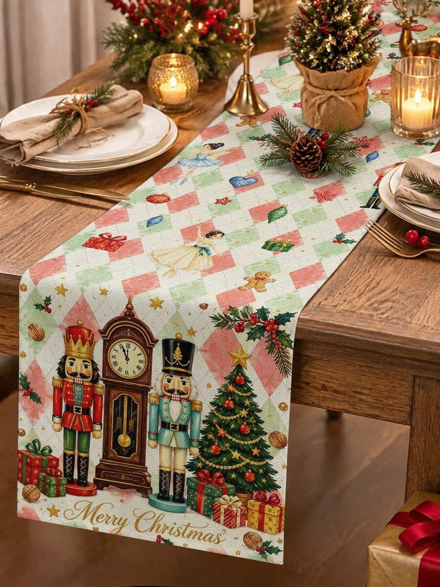 Christmas Table Runner, Pillowcase, Placemat, Nutcracker Ballerina Christmas Tree Clock Diamond Plaid Table Runner, Holiday Home Decor Table Runner Cushion - Multicolor - View 1