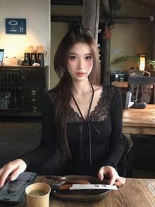 2026 Autumn/Winter New Pure Desire Style Lace Patchwork Halter Neck Knit Top, Sexy Ribbon Tie Slim Fit Flattering Long Sleeve T-Shirt - Black - View 4