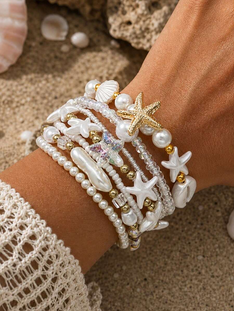 7pcs Bohemian Layered Bracelet Set, Starfish Shell Faux Pearl Beaded Multi-Layer Women's Bracelets, Beach Vacation Wear - Multicolor - View 1