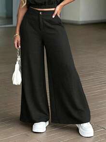 YI XUAN Plus Size High Waist Wide Leg Pants, Autumn Textured Linen Style Long Pants With Side Pockets, Casual Loose Fit, Suitable For Daily And Commute Wear - Black - View 4