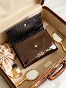 Yves Saint Laurent YSL Dark Brown Patent Leather Cosmetic Bag, Snap Button Flap Makeup Pouch With Metal Logo Plate, Multi‑Functional Beauty Storage Pouch, Ideal For Personal Use Or As A Beauty Gift - Rust Brown - View 7