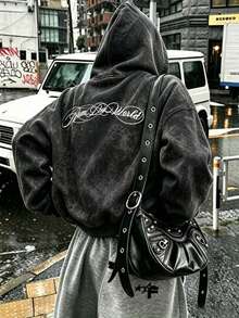 Women's American High-Street Style Hooded Sweatshirt For Autumn/Winter, Featuring Vintage Floral And Connected English Letter Prints. - Black - View 1
